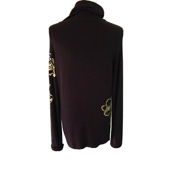 Cache Jacket Large L Womens Vintage Floral Knit Zipper Front Brown Gold Metallic - Picture 2 of 14